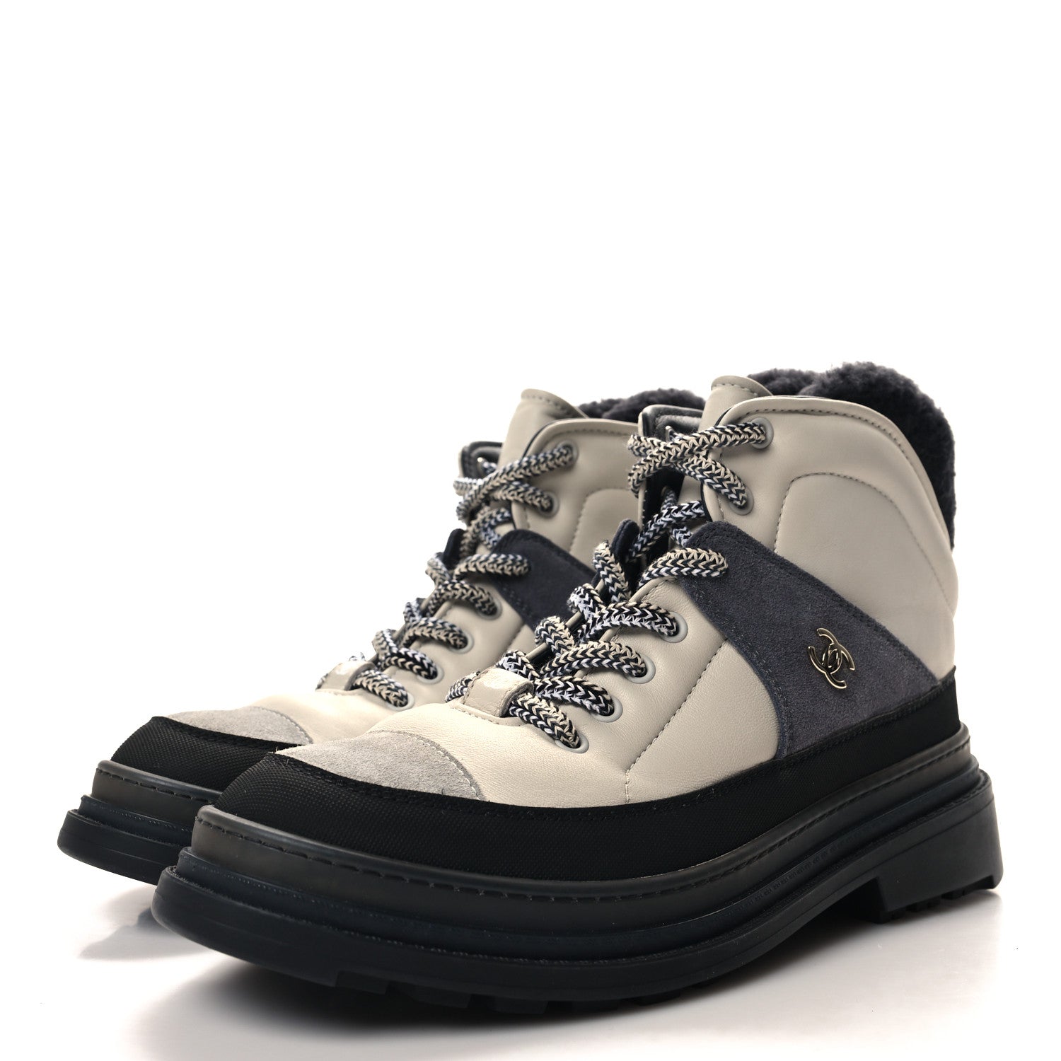 Chanel Lambskin Shearling Suede CC High Lace Up Boots 41 Grey Black 3 of 8