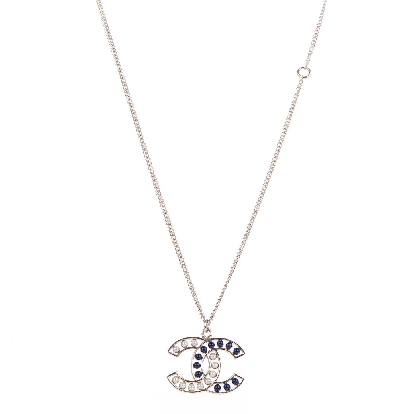 Pearl Beaded CC Necklace White Blue Silver