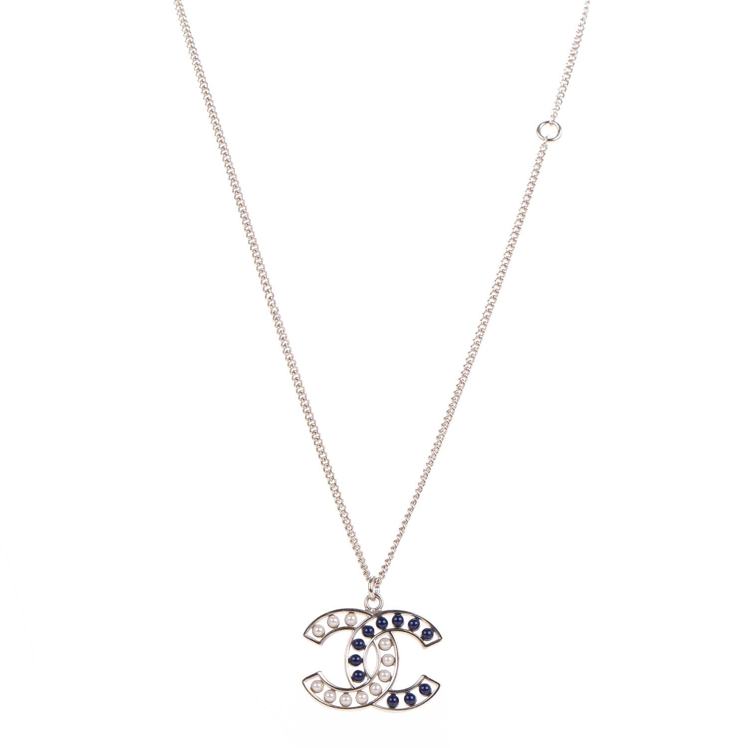 Chanel Pearl Beaded CC Necklace White Blue Silver 1 of 5