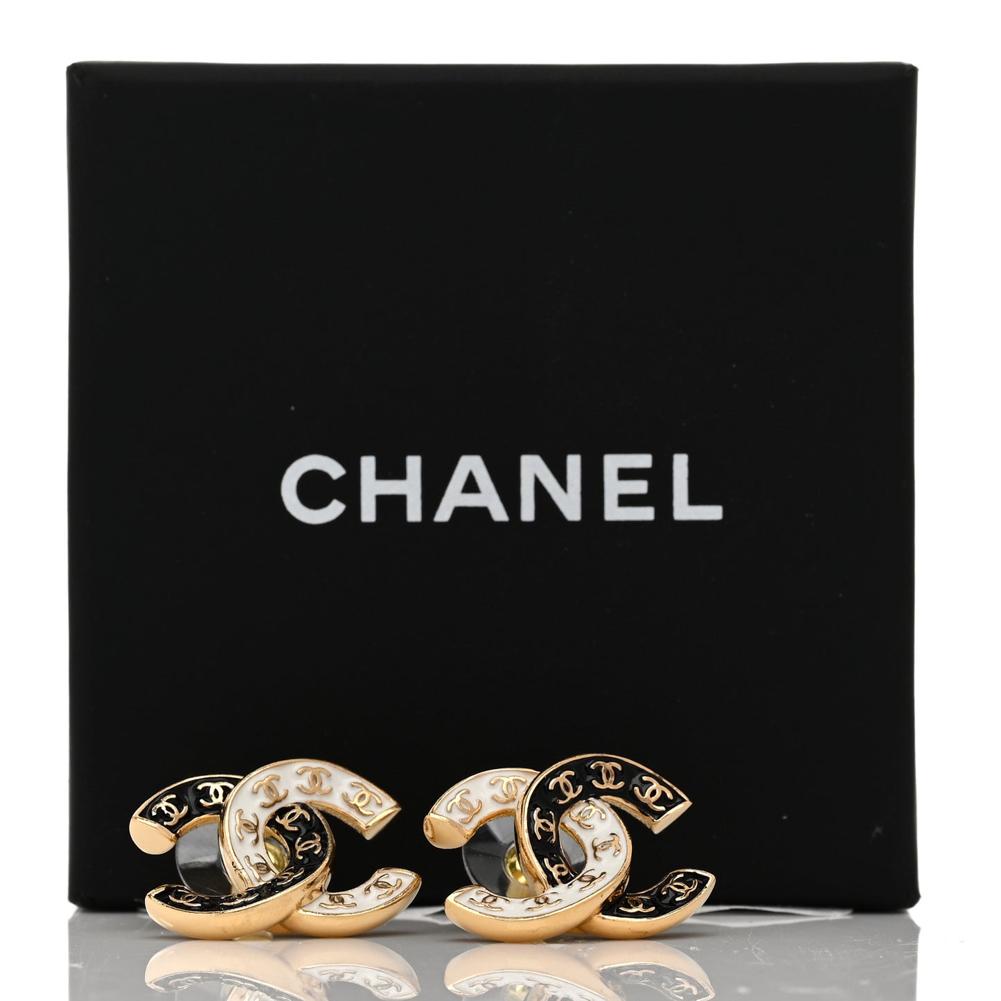 Enamel CC Logo Earrings Gold Black White