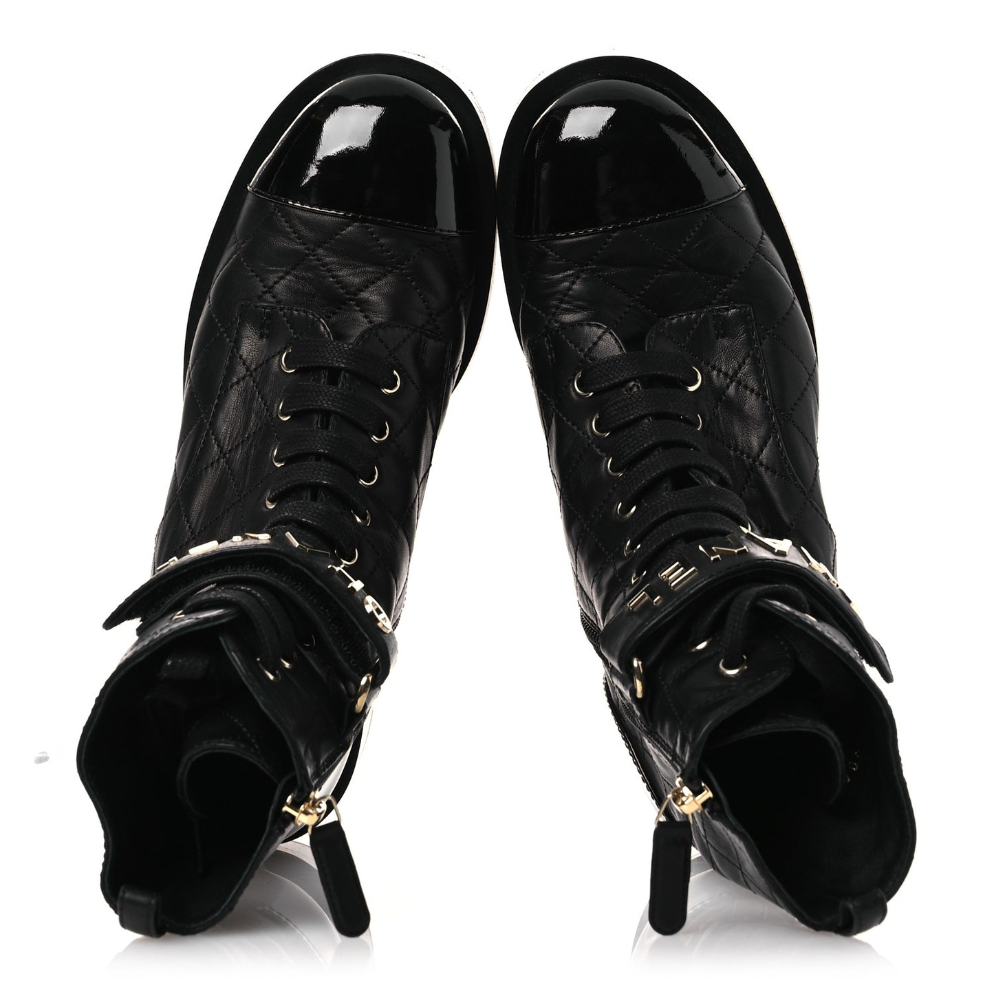 Lambskin Patent Calfskin Quilted Logo Lace Up Combat Boots 38 Black