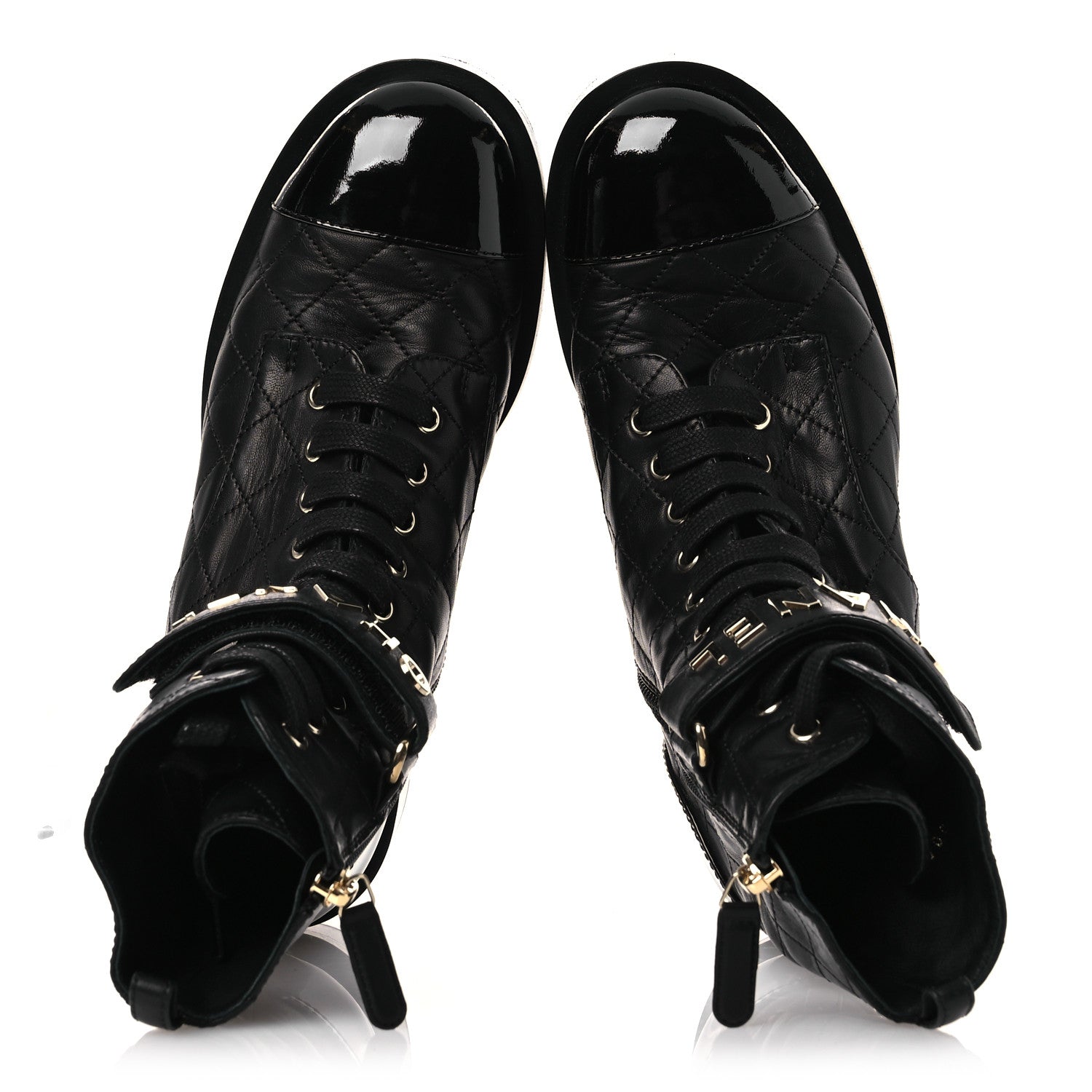 Chanel Lambskin Patent Calfskin Quilted Logo Lace Up Combat Boots 38 Black 2 of 11