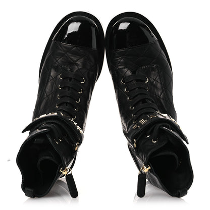 Chanel Lambskin Patent Calfskin Quilted Logo Lace Up Combat Boots 38 Black 2 of 11