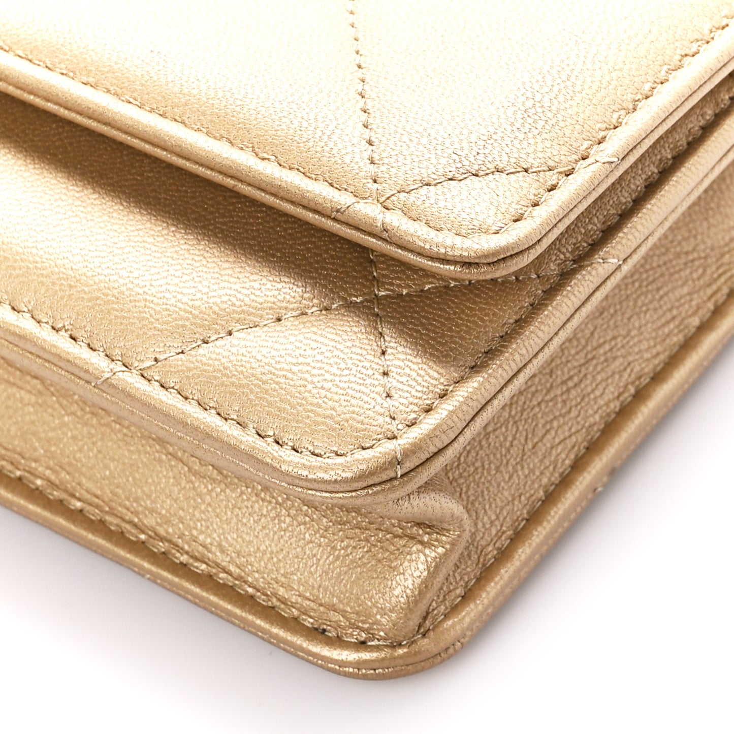 Metallic Goatskin Quilted Chanel 19 Wallet On Chain WOC Gold
