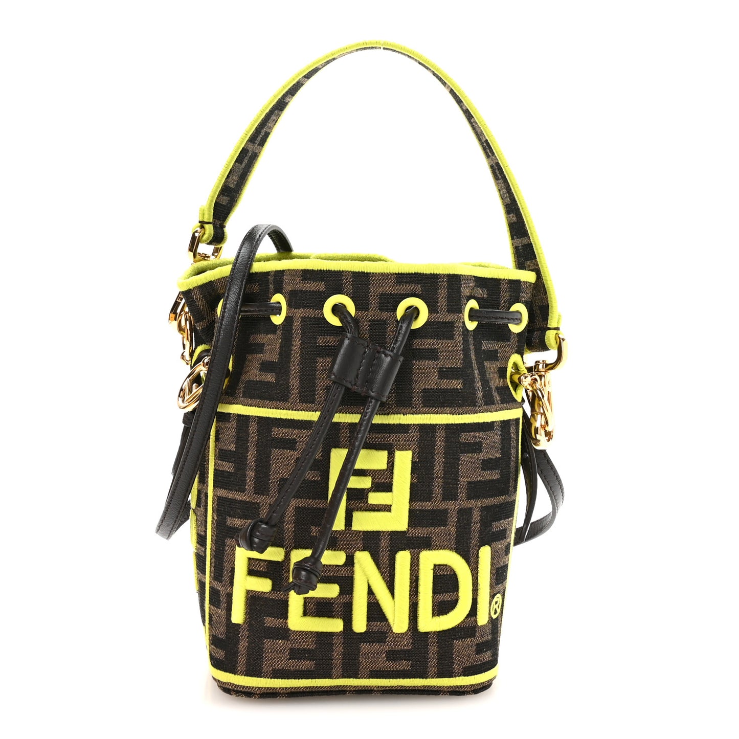 Fabric Jacquard Shiny Nappa FF 1974 Logo Threaded Edge Mini Mon Tresor Bucket Bag Tobacco Moro Giallo Fluo