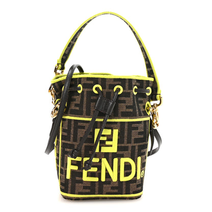 Fendi Fabric Jacquard Shiny Nappa FF 1974 Logo Threaded Edge Mini Mon Tresor Bucket Bag Tobacco Moro Giallo Fluo 1 of 9