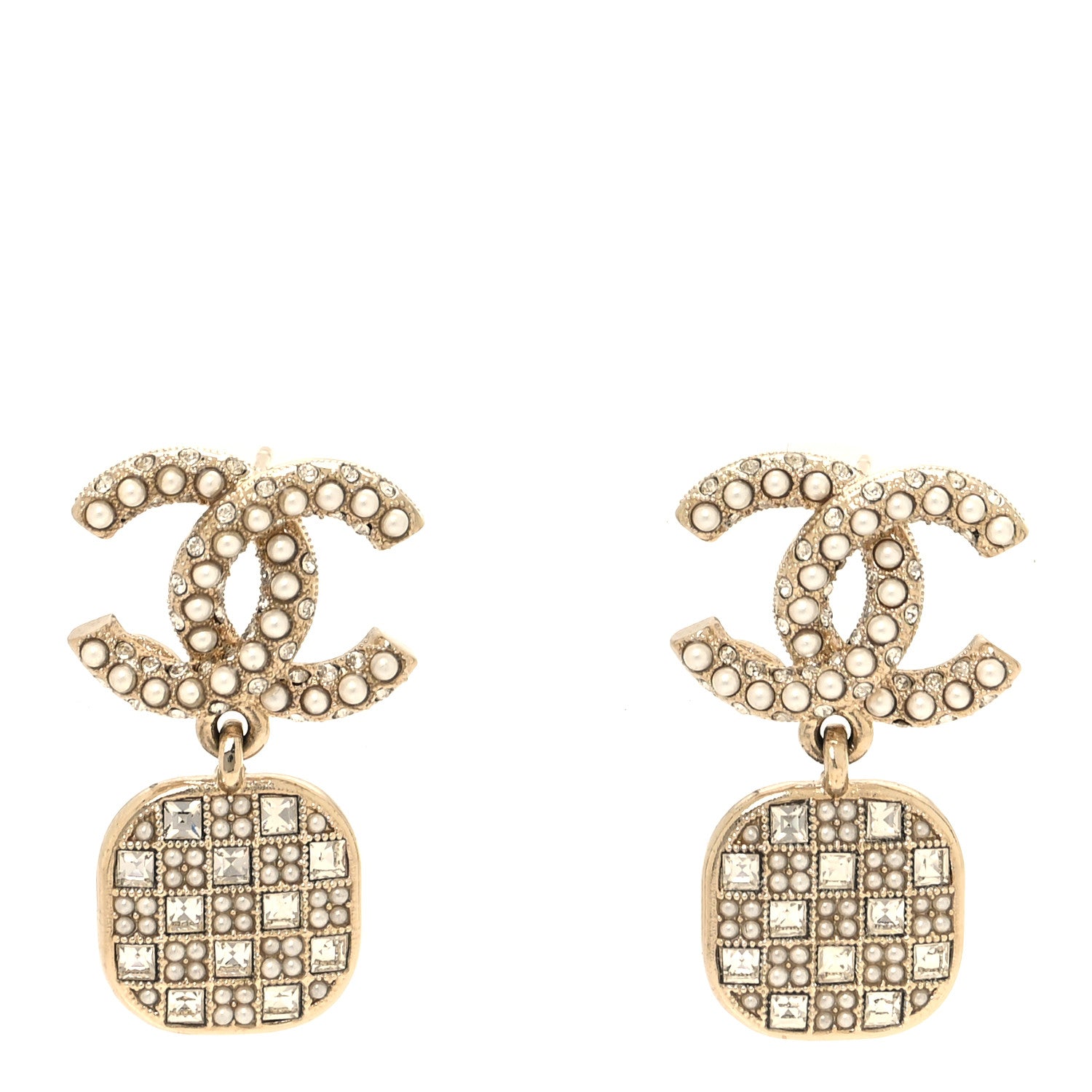 Chanel Pearl Baguette Crystal CC Drop Earrings Gold 1 of 5