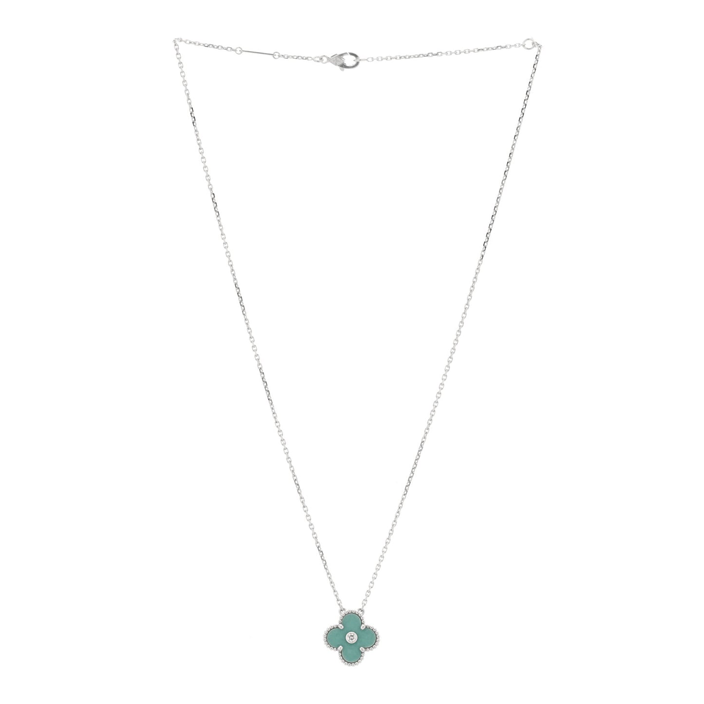 18K White Gold Diamond Celadon Green Sevres Porcelain Vintage Alhambra Pendant Necklace