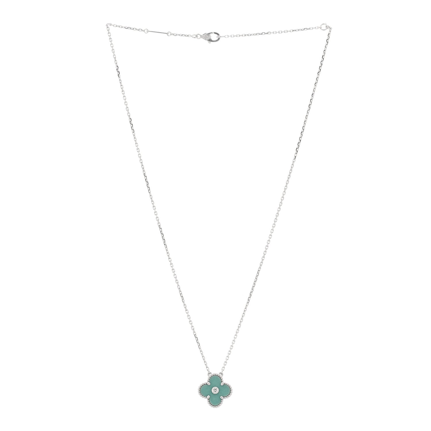 Van Cleef & Arpels 18K White Gold Diamond Celadon Green Sevres Porcelain Vintage Alhambra Pendant Necklace 2 of 3