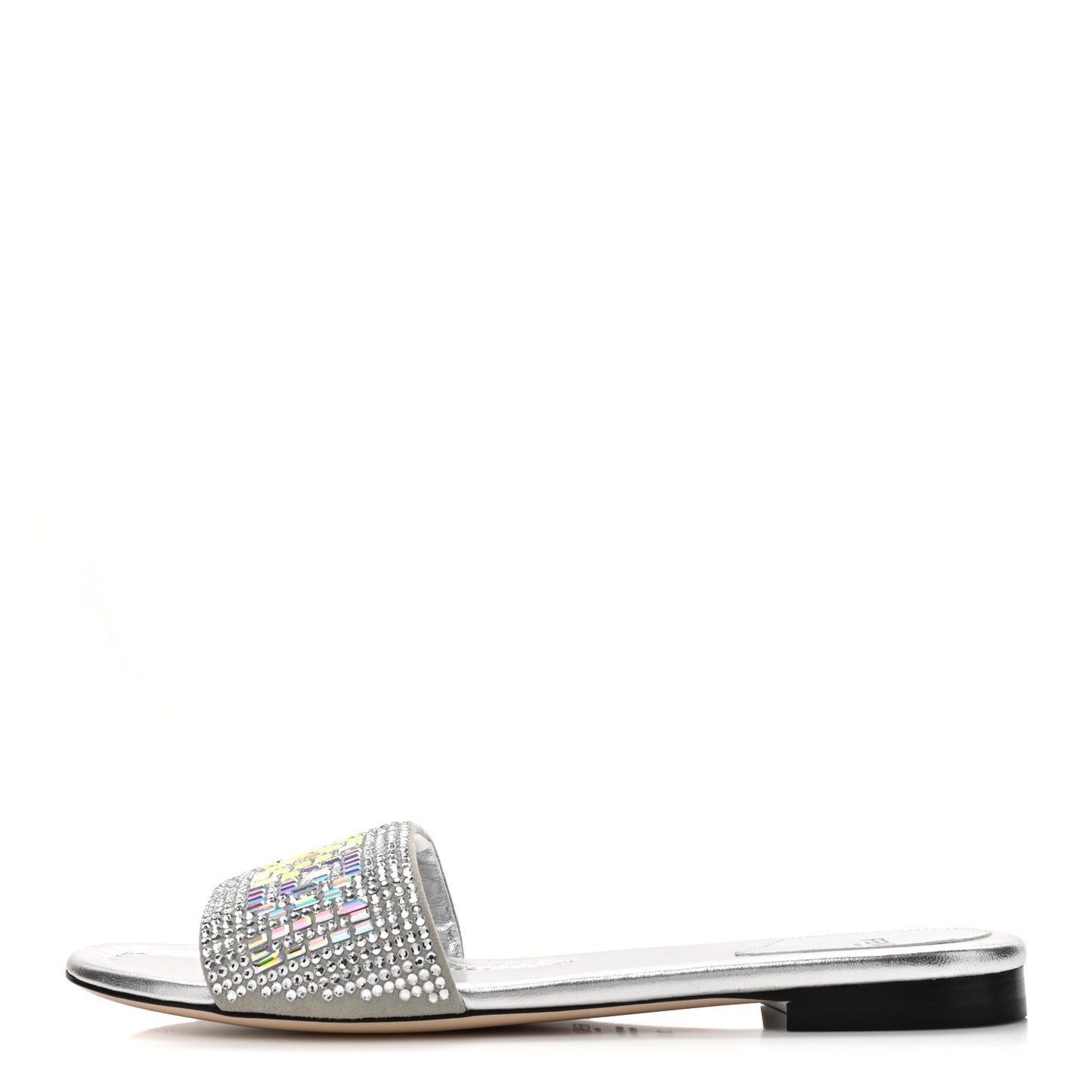 Laminated Goatskin Baguette Crystal Embroidered Signature Flat Slide Sandals 39.5 Silver