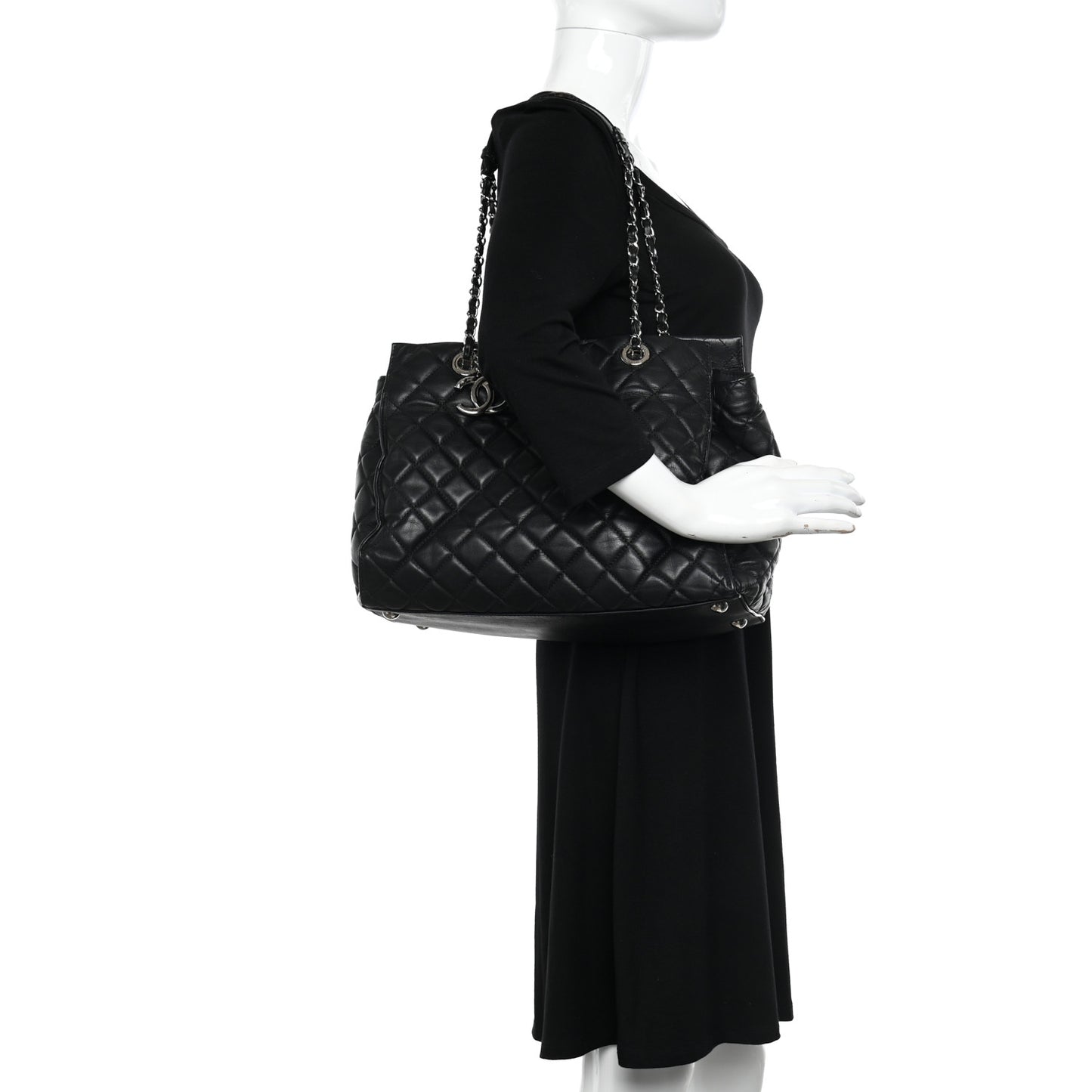Calfskin Quilted Large Chic and Soft Shopping Tote Black