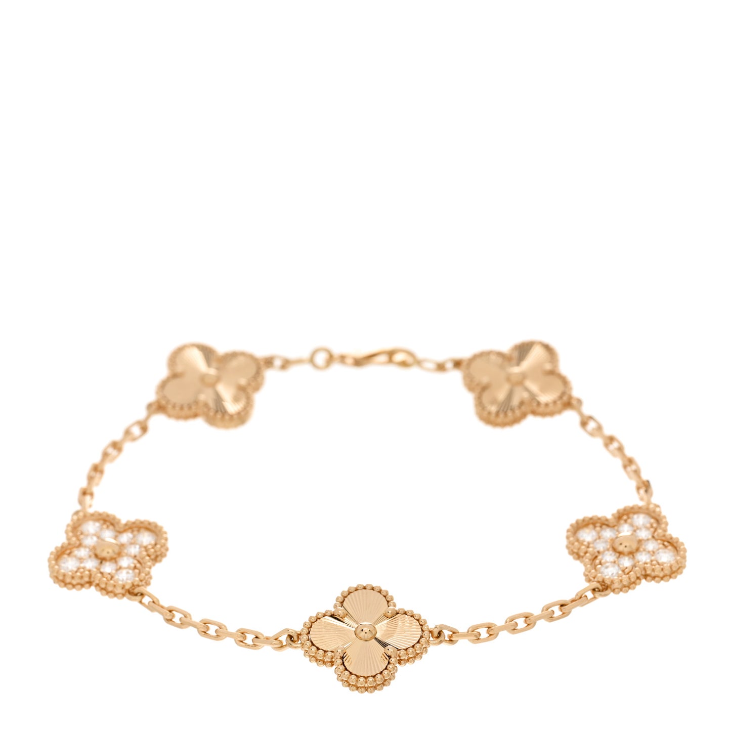 18K Yellow Gold Diamond 5 Motifs Guilloche Vintage Alhambra Bracelet