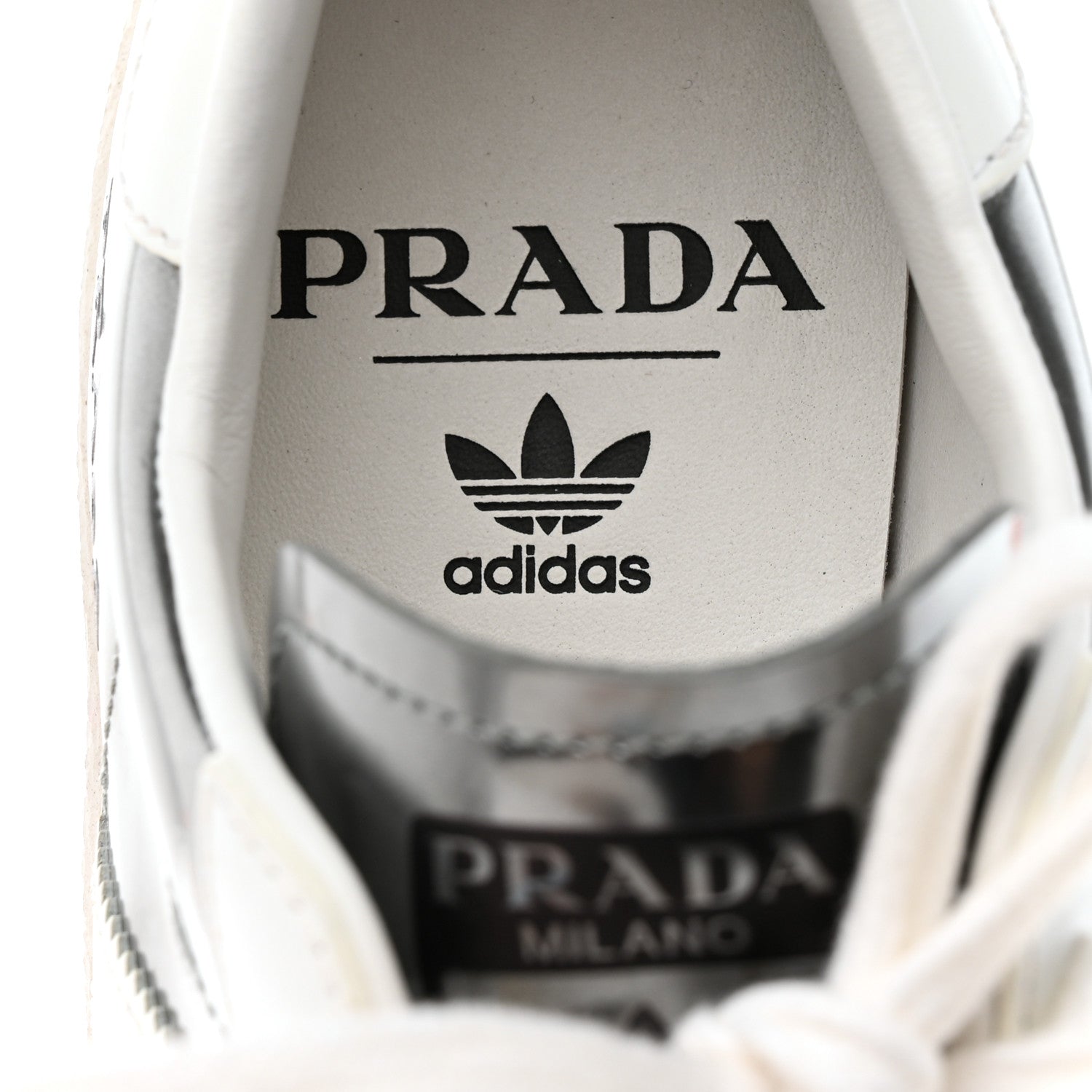 Prada X ADIDAS Brushed Calfskin Logo Mens Superstar Sneakers 6 Silver White 6 of 9
