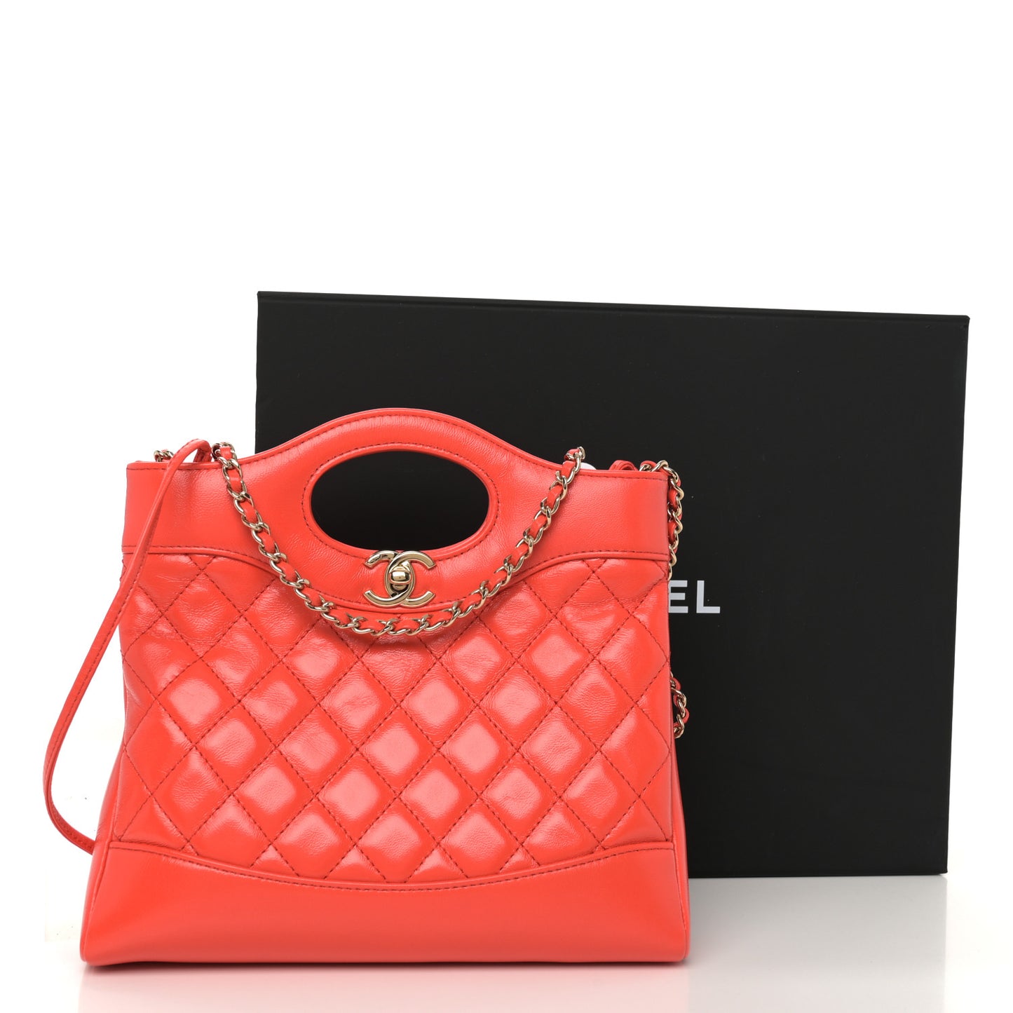 Shiny Lambskin Quilted Mini 31 Shopping Bag Orange