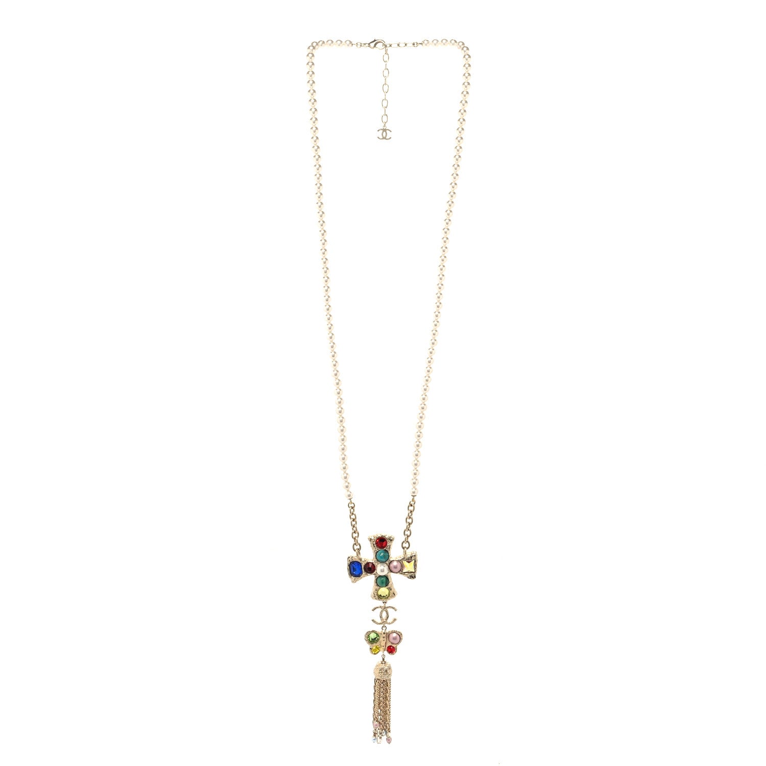 Chanel Beaded Pearl CC Pendant Necklace Gold Multicolor 3 of 5