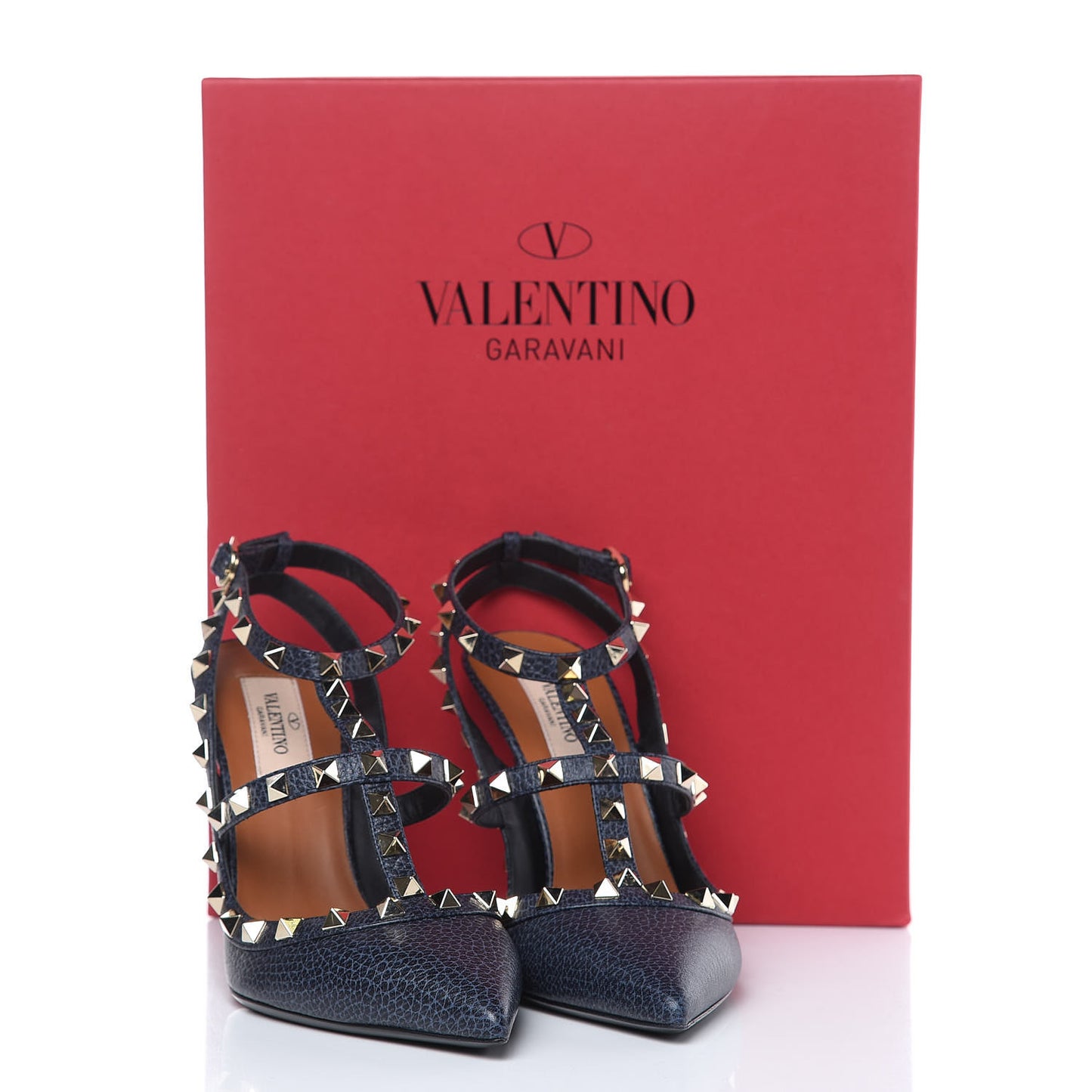 Pebbled Calfskin Rockstud Ankle Strap 100mm Pumps 37.5 Deep Denim