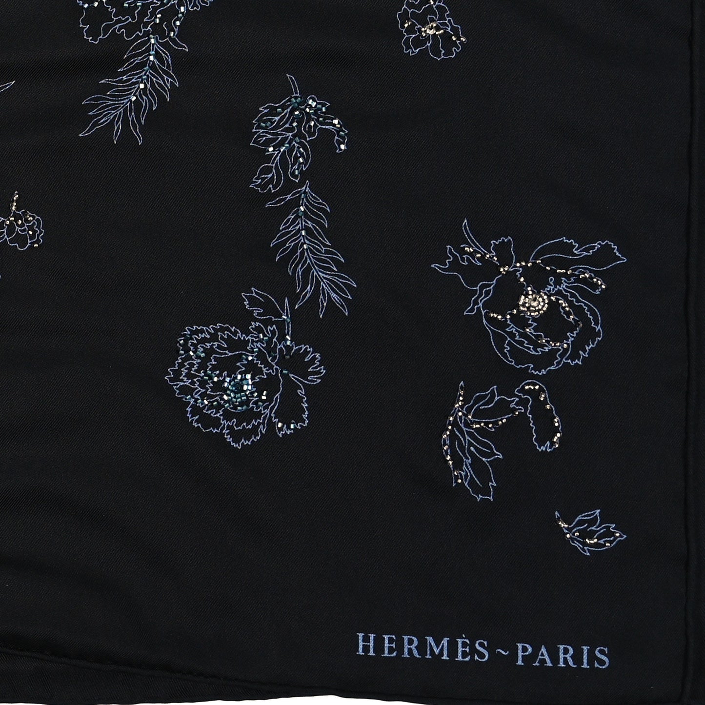 Silk Embroidered Robe Legere Scarf 90 Black Bleu