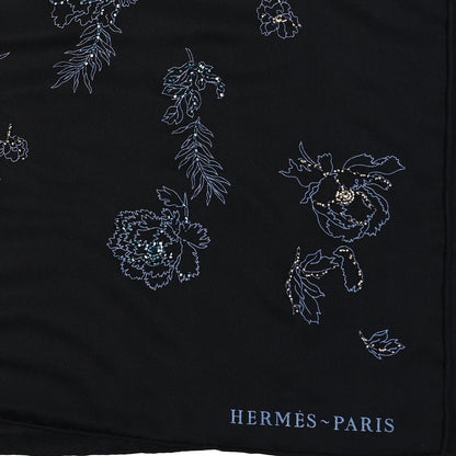 Hermes Silk Embroidered Robe Legere Scarf 90 Black Bleu 2 of 3