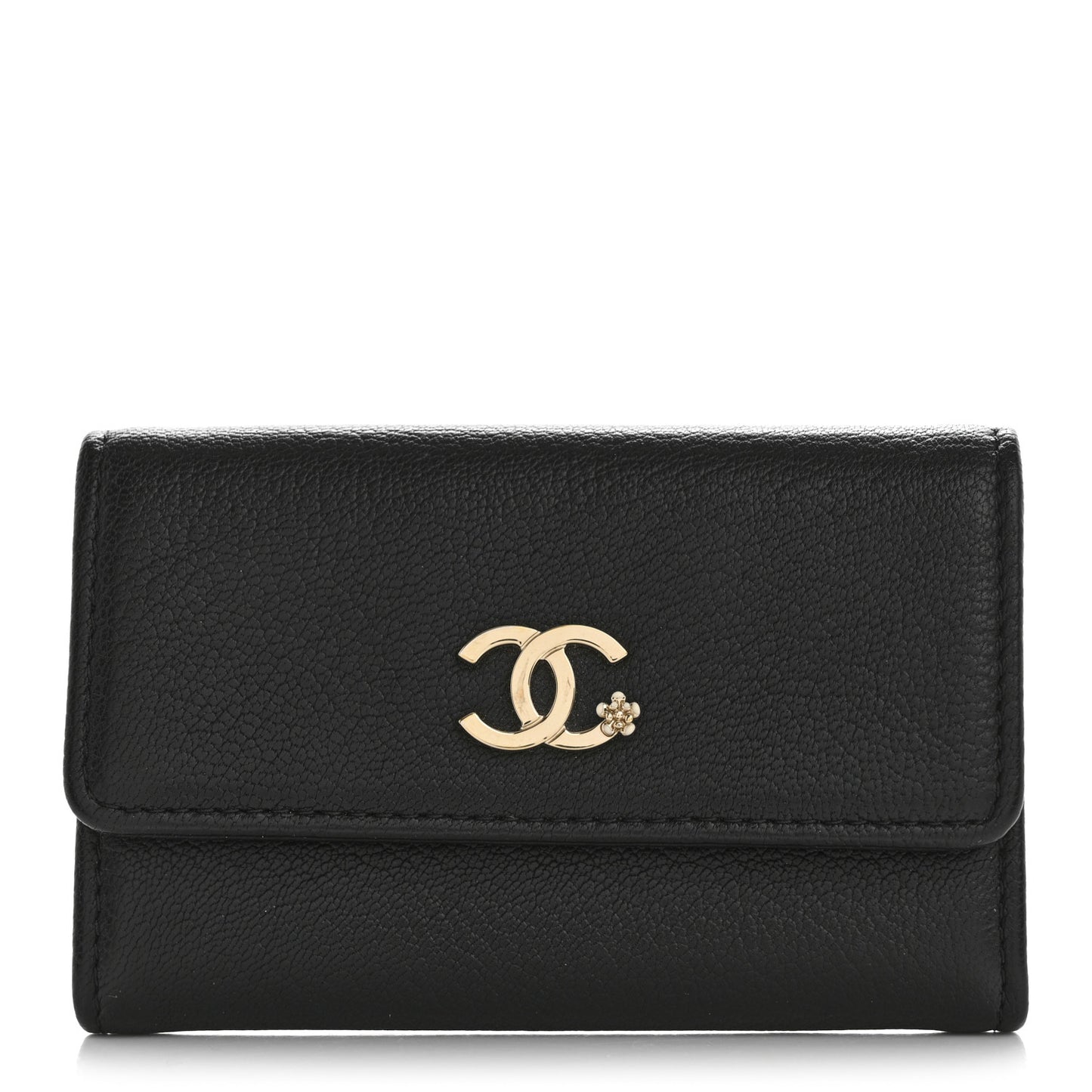 Goatskin Camellia CC Flap Card Holder Black