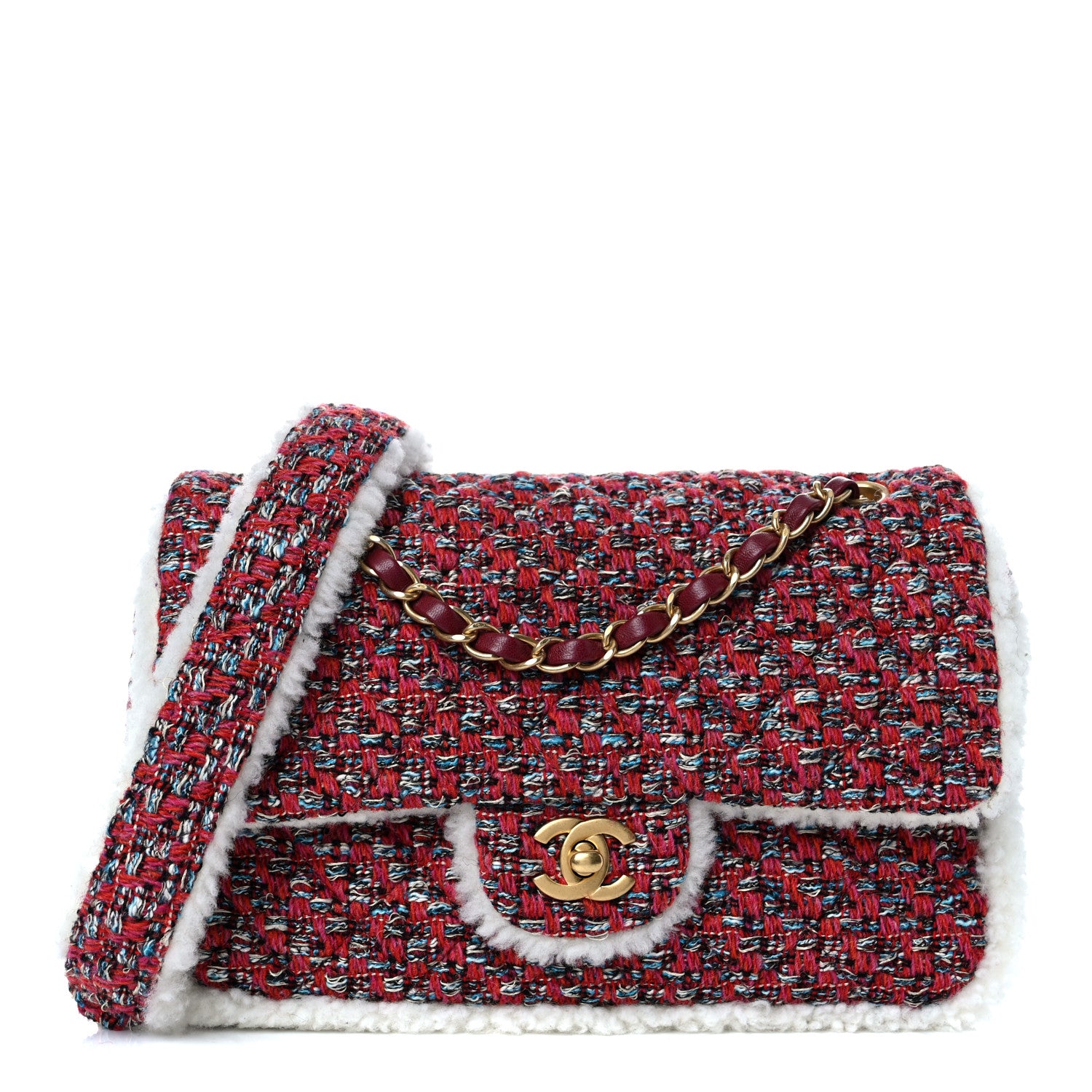 Chanel Tweed Shearling Quilted Large CC Flap Bag Red 1 of 9