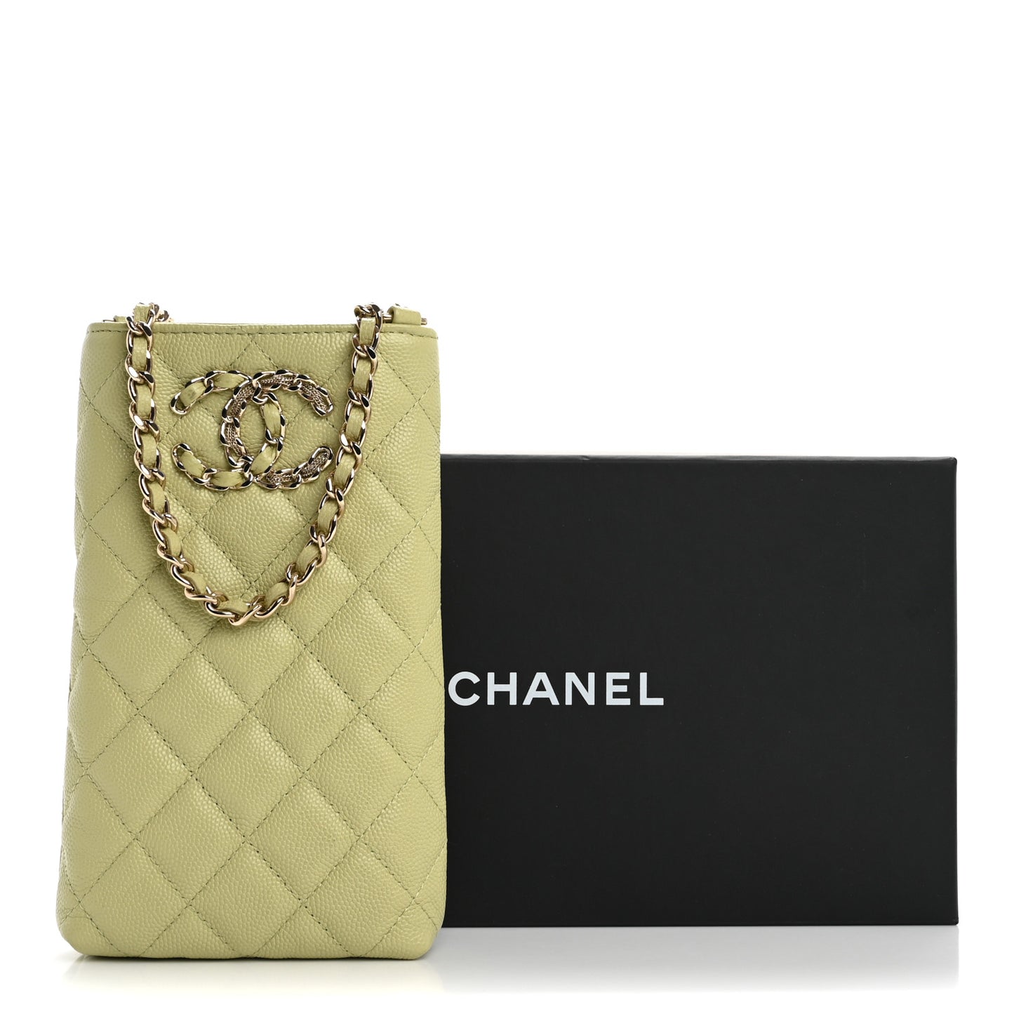Caviar Quilted French New Wave Phone Holder With Chain Light Green