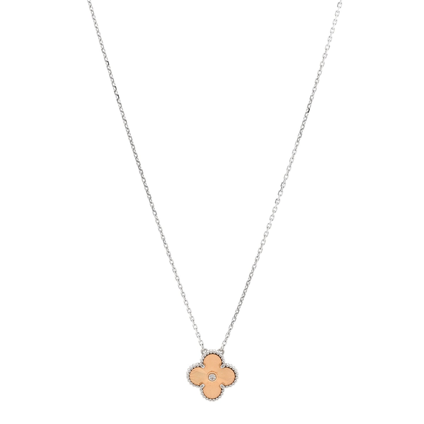 18K White Rose Gold Diamond Guilloche Vintage Alhambra Pendant Necklace
