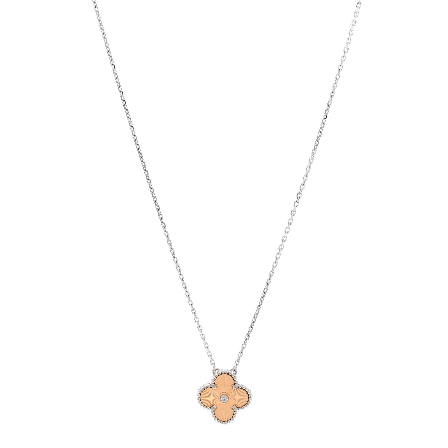 Van Cleef & Arpels 18K White Rose Gold Diamond Guilloche Vintage Alhambra Pendant Necklace 1 of 5