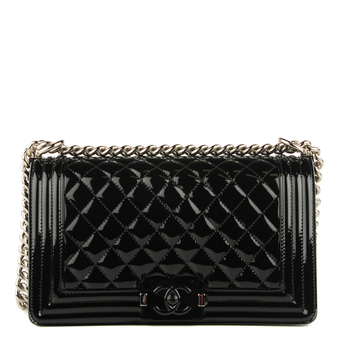 Patent Calfskin Quilted Medium Plexiglass Boy Flap Black