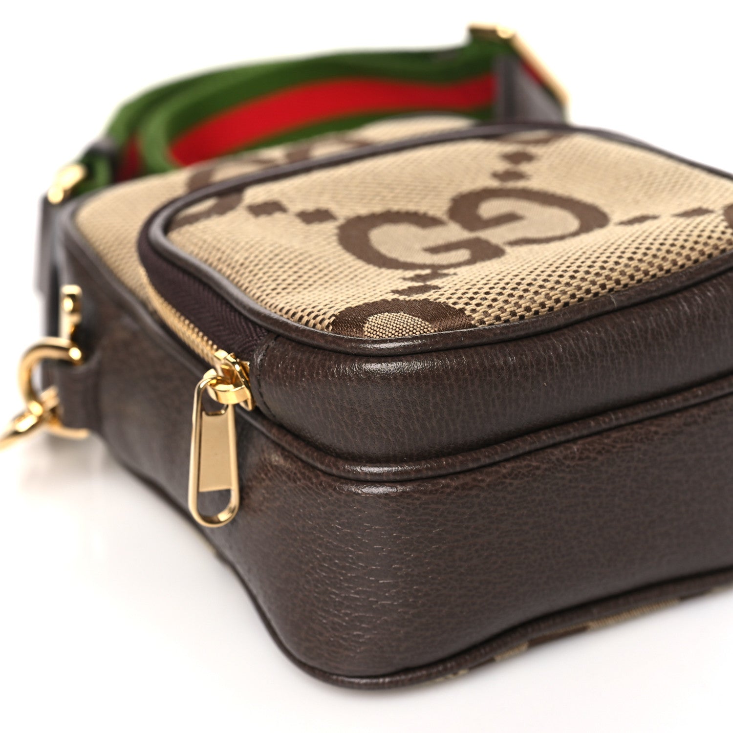 Gucci Monogram Jumbo GG Textured Dollar Calfskin Web Shoulder Bag Camel Ebony New Acero 9 of 10