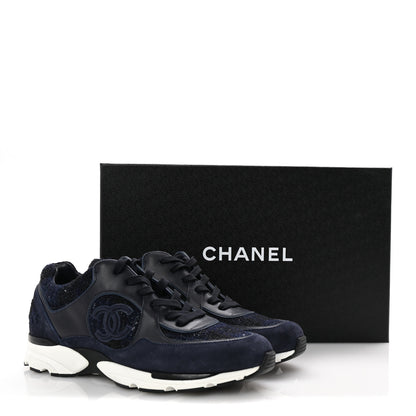 Chanel Tweed Suede Calfskin Mens CC Sneakers 43 Navy 10 of 10
