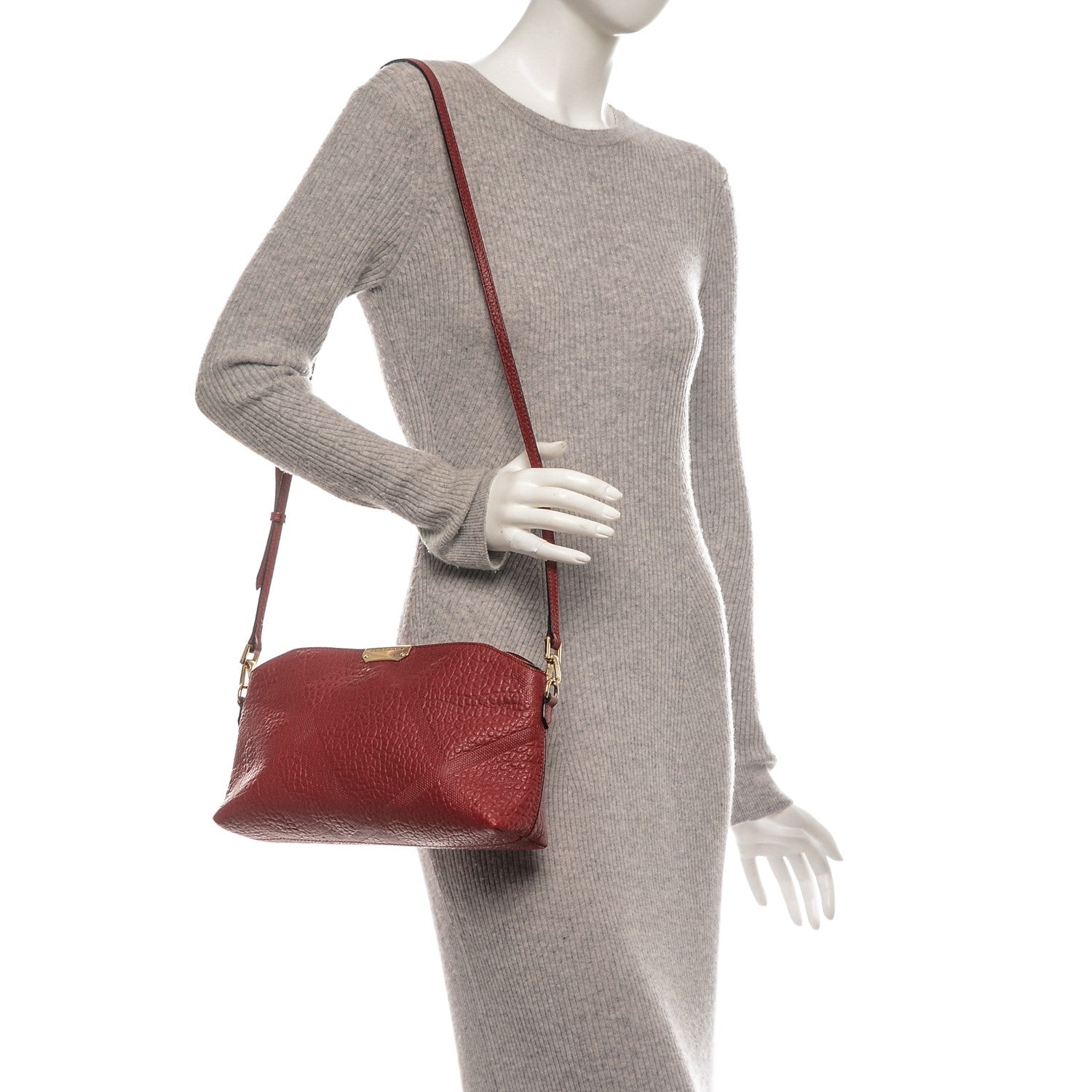 Burberry Signature Grain Calfskin Check Embossed Small Chichester Crossbody Clutch Bag Red 2 of 6