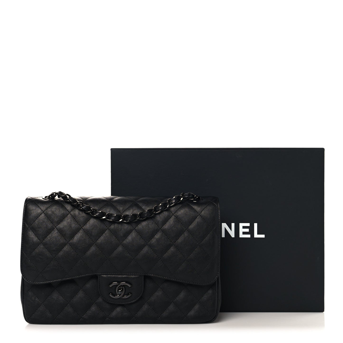 Crumpled Calfskin Quilted Jumbo Double Flap So Black