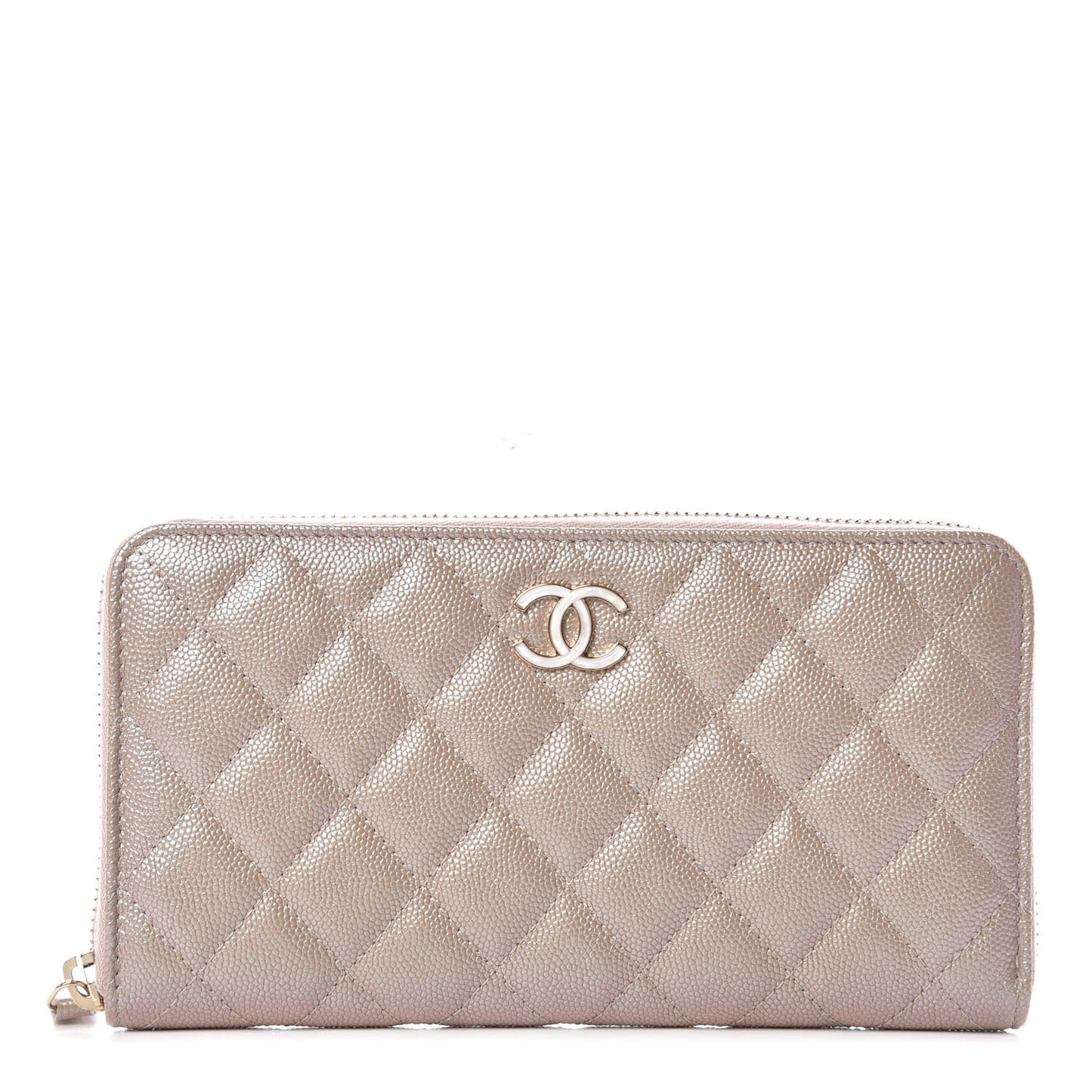 Iridescent Caviar Quilted Long Zip Around Wallet Beige