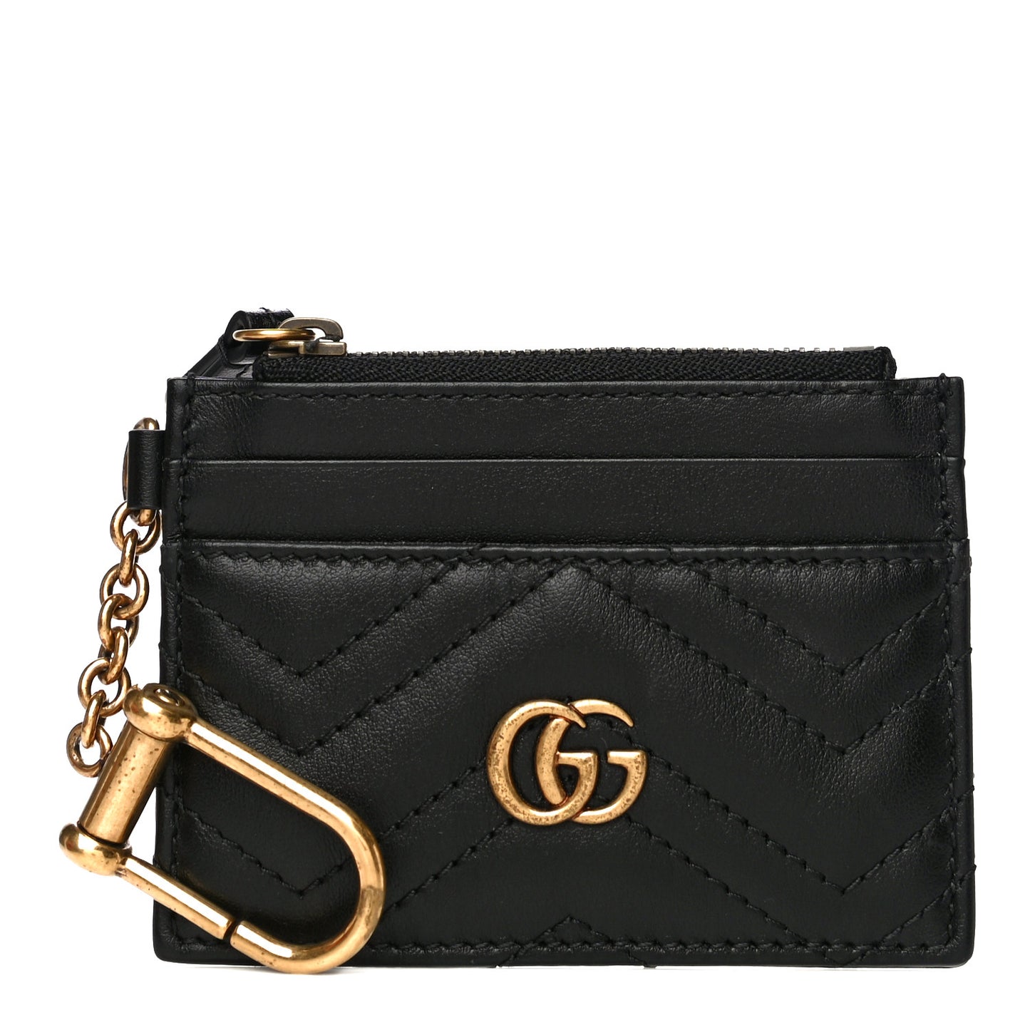 Calfskin Matelasse Chevron GG Marmont Key Case Card Holder Black