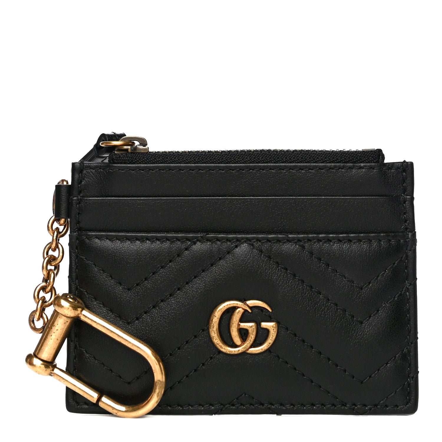 Gucci Calfskin Matelasse Chevron GG Marmont Key Case Card Holder Black 1 of 12