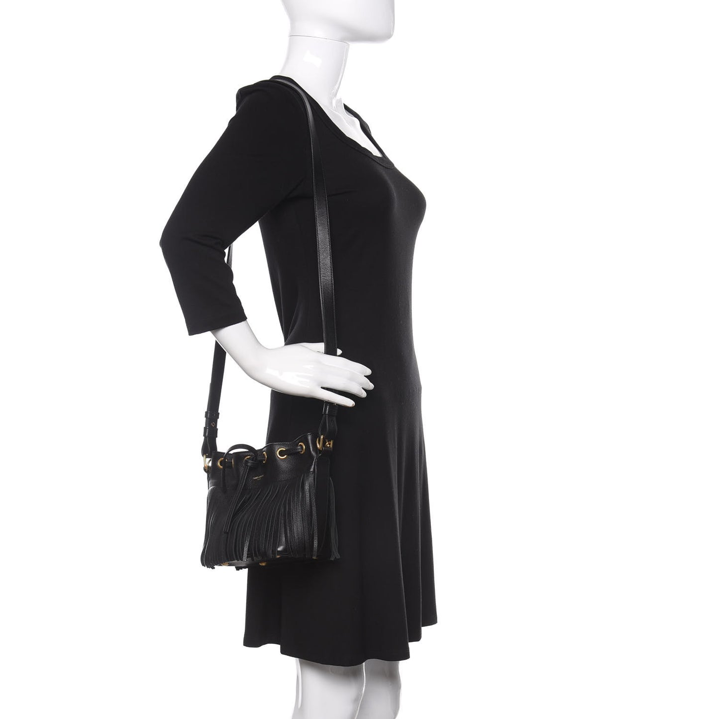 Calfskin Small Emmanuelle Fringe Bucket Bag Black