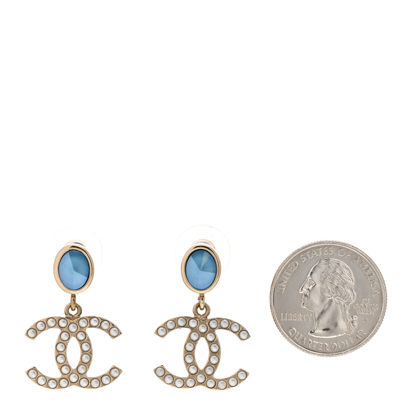 Crystal Pearl CC Drop Earrings Blue Gold