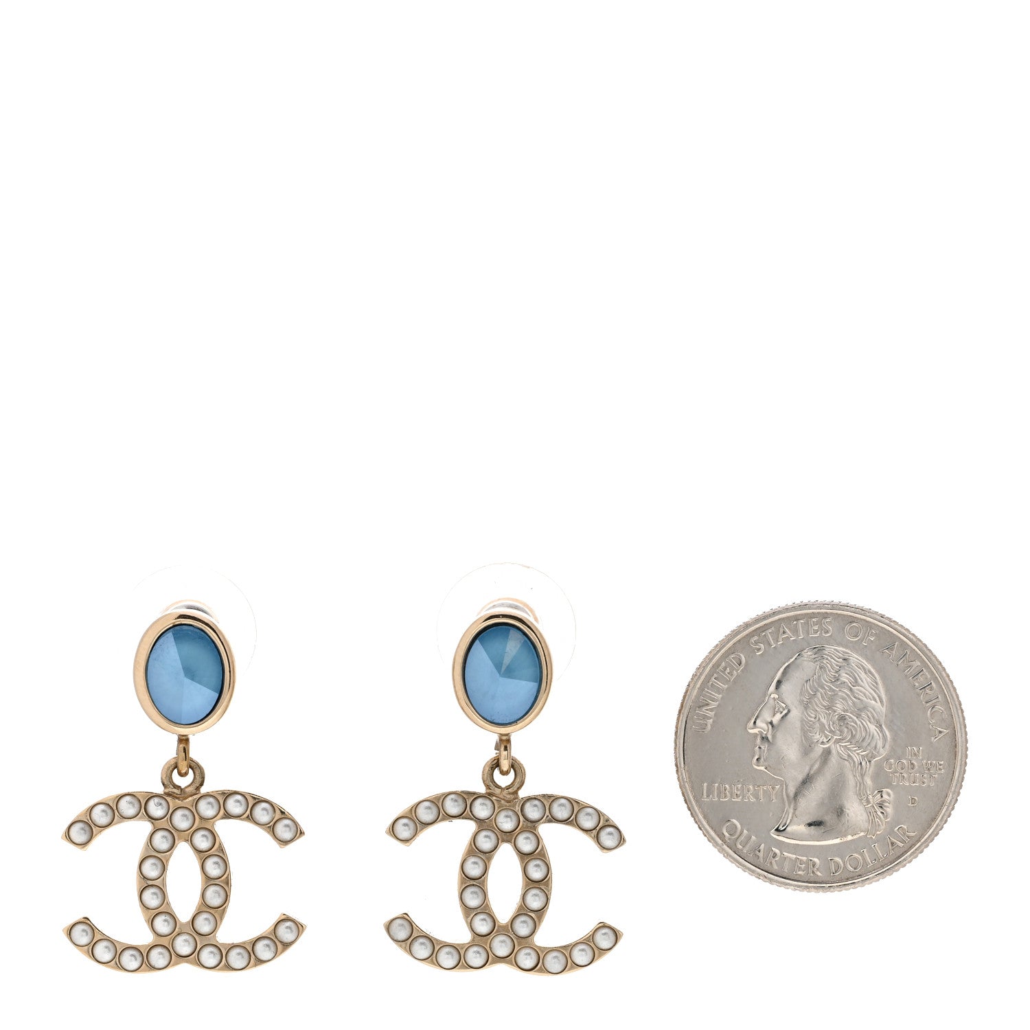 Chanel Crystal Pearl CC Drop Earrings Blue Gold 2 of 4