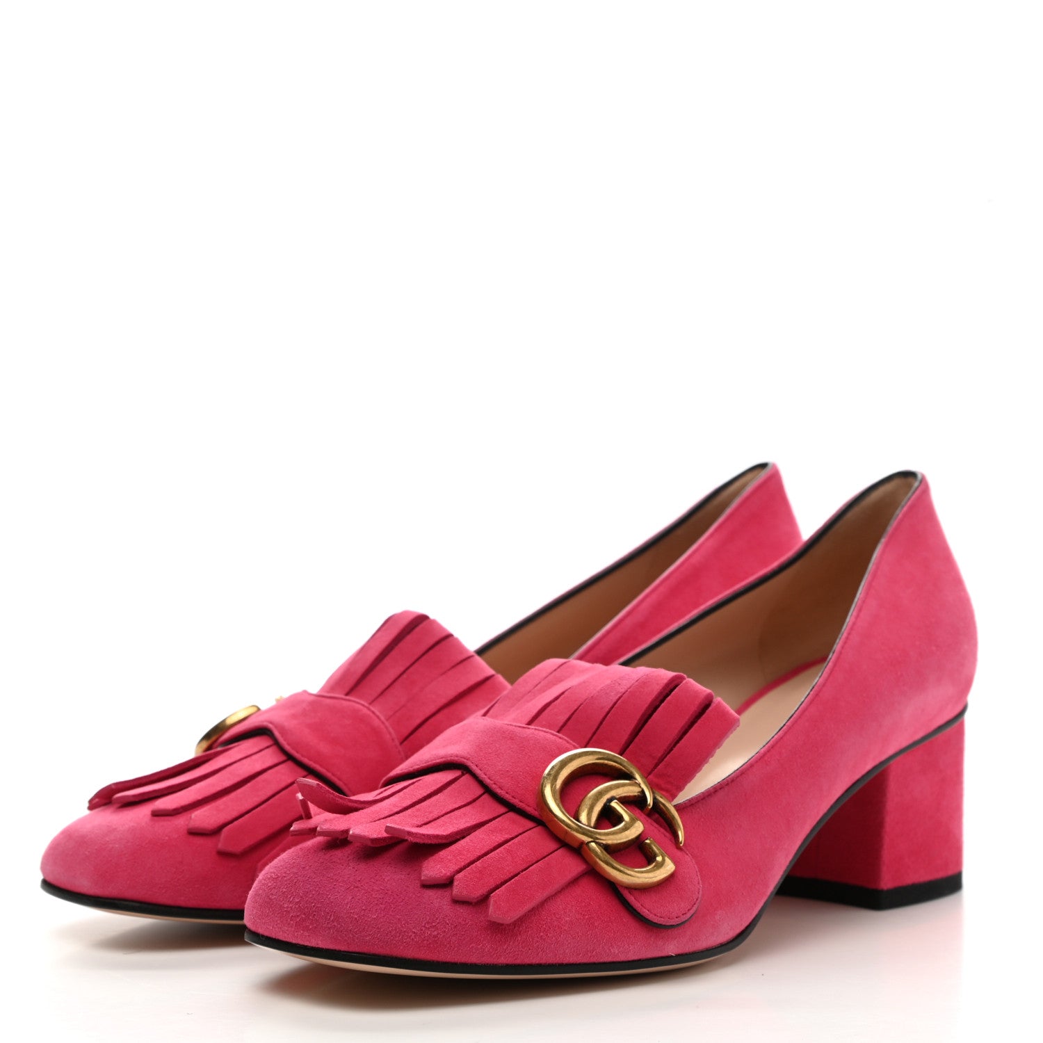 Gucci Kid Scamosciato GG Marmont Fringe 50mm Loafer Pumps 38.5 Hot Pink 3 of 9