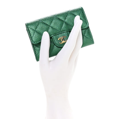 Chanel Metallic Caviar Quilted Flap Card Holder Wallet Green 2 of 9