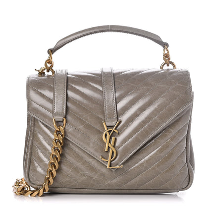 Saint Laurent Waxed Calfskin Matelasse Chevron Medium Monogram College Bag Fog Gray 1 of 7