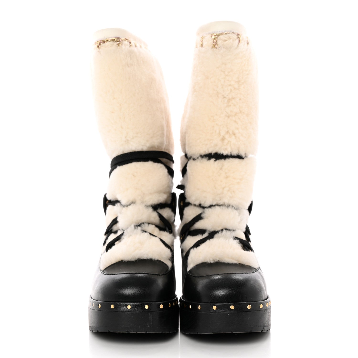 Chanel Shearling Chain Studded CC High Boot 37 White Black 2 of 16