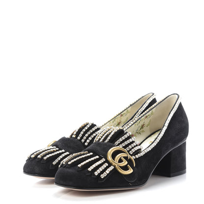 Gucci Kid Scamosciato Crystal GG Marmont Fringe 50mm Loafer Pumps 36 Black 3 of 9