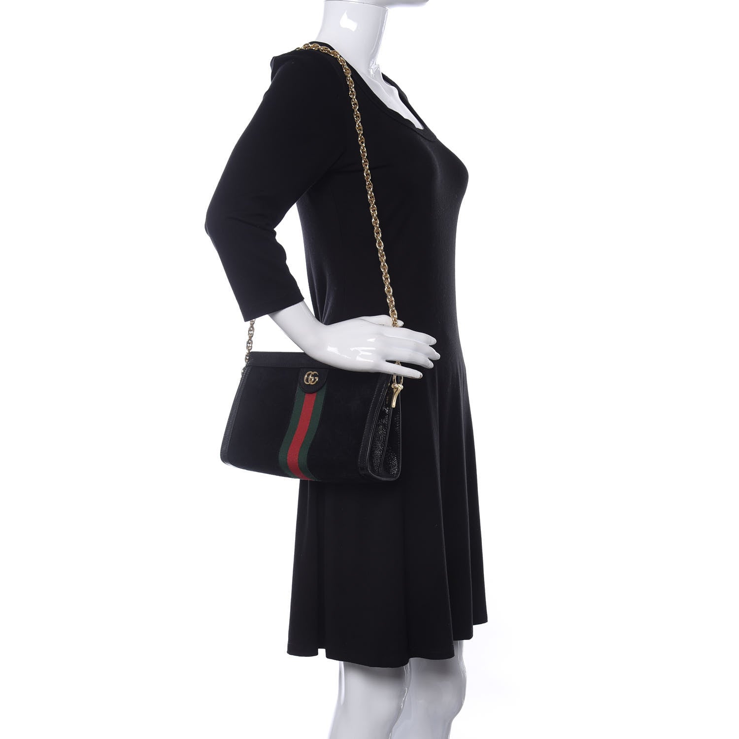 Gucci Suede Patent GG Web Small Ophidia Chain Shoulder Bag Black 2 of 10
