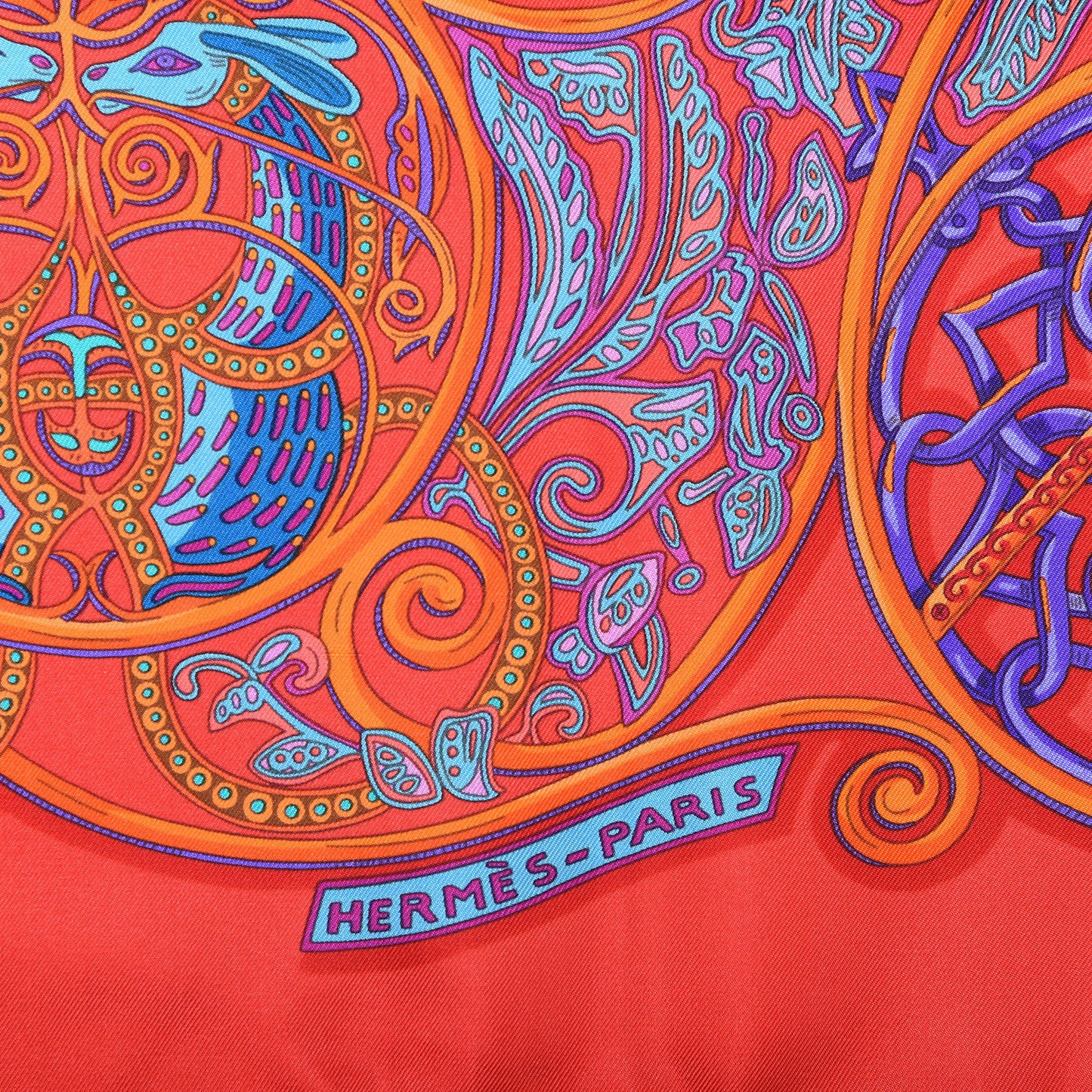 Silk La Charmante Aux Animaux Scarf 90 Rouge Vif Orange Petrole