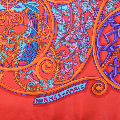 Hermes Silk La Charmante Aux Animaux Scarf 90 Rouge Vif Orange Petrole 4 of 5