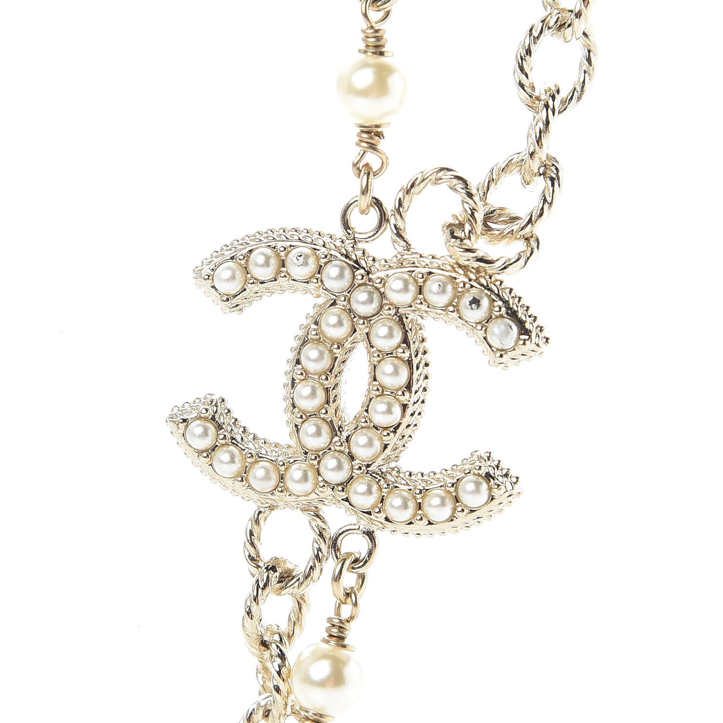 Graduated Pearl Double Chain CC Long Necklace Golden Pearly White