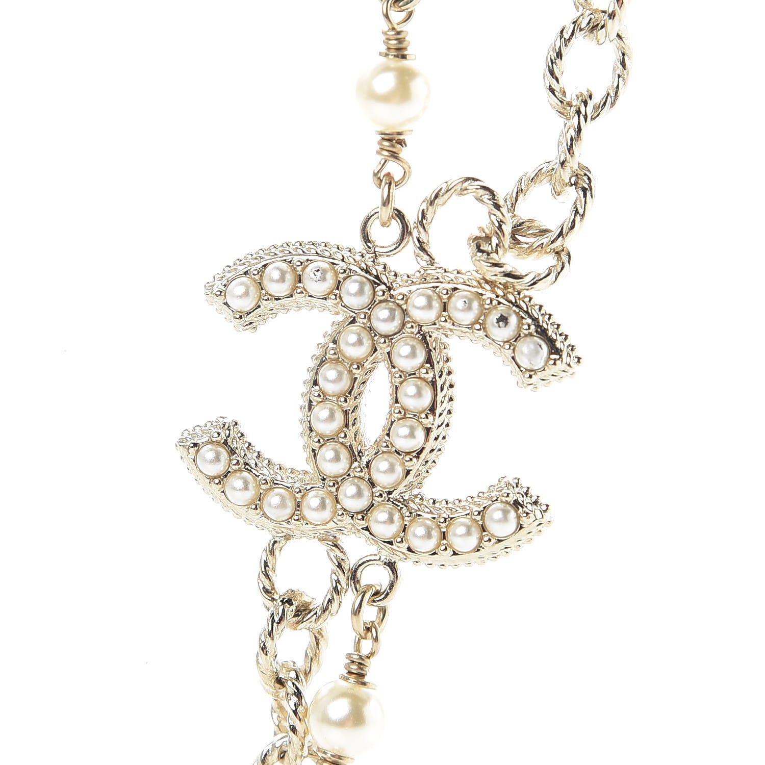 Chanel Graduated Pearl Double Chain CC Long Necklace Golden Pearly White 4 of 6