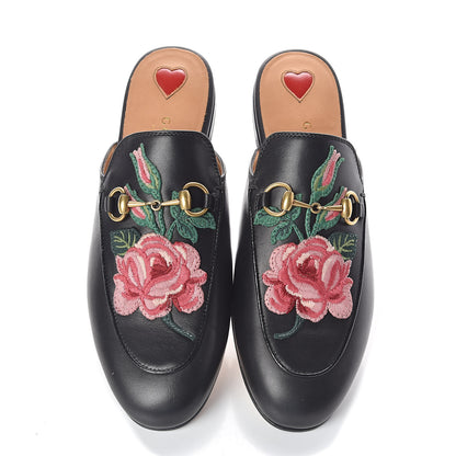 Gucci Calfskin Flower Embroidered Princetown Slippers 37 Black 5 of 8