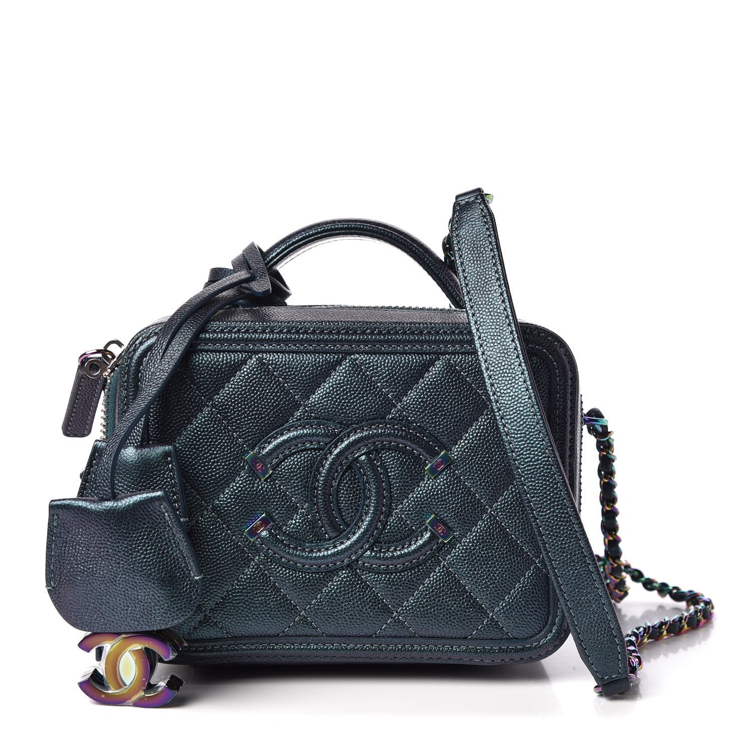 Chanel Iridescent Caviar Quilted Small CC Filigree Vanity Case Dark Turquoise 1 of 8